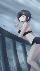 1girls bra chainsaw_man cigarette clouds cloudy_sky cute dark_clouds female female_only happy himeno_(chainsaw_man) light-skinned_female light_skin onyax outdoors production_onyang short_shorts smile underwear