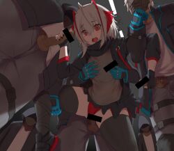 1girls arknights bar_censor censored doctor_(arknights) gangbang hand_on_breast noir_corne_(arknights) rape red_panties thighhighs w_(arknights)