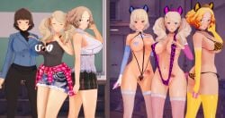 2koma 3d 3d_(artwork) ann_takamaki bimbo bimbofication breasts condom costume_change gyaru haru_okumura leopard_print makoto_niijima numbersguy panties persona persona_5 slutty_outfit stockings tattoo thong thong_bikini