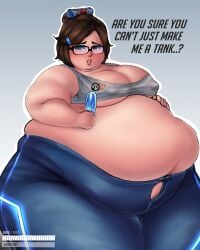 1girls bbw belly big_belly breasts brown_hair fat female glasses hand_on_belly mei_(overwatch) metrack morbidly_obese nipple_bulge obese overwatch overweight ssbbw weight_gain