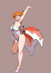 9is absurdres armpits blue_eyes breasts cleavage cosplay creatures_(company) female fish_tail game_freak goldeen goldeen_(cosplay) grey_background highres huge_breasts kasumi_(pokemon) large_breasts leotard nintendo orange_hair pokemon pokemon_(anime) pokemon_(classic_anime) pokemon_(cosplay) short_hair side_ponytail simple_background solo spiked_hair strapless strapless_leotard tail thick thick_thighs white_footwear white_leotard