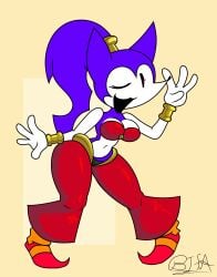 belly_dancer bifa black_eyes breasts hips long_hair looking_at_viewer needlemouse_(character) needlemouse_(series) ponytail purple_hair purple_skin red_eyes sarah_henderson_(needlemouse) shantae_(cosplay) shantae_needlemouse sonic.exe_(series) wide_hips