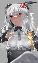 :< anger_vein bangs black_gloves blush breasts brown_eyes collagen cum cum_in_topwear cum_string cum_wearing female gloves grey_background grey_hair hair_ornament highres karenina_(punishing:_gray_raven) looking_at_viewer punishing:_gray_raven simple_background small_breasts socks solo sweat twintails white_socks