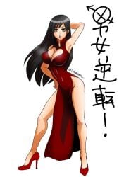 androgyne_symbol androgynous big_breasts black_hair breast_implants busty_boy canon_crossdressing canon_genderswap china_dress chinese_clothes cleavage cleavage_cutout fake_breasts full_body gintama hand_on_head hand_on_hip high_heels implants katsura_kotarou long_hair long_hair_male looking_at_viewer lychee-soda male male_only male_with_breasts official_alternate_costume shemale side_slit sleeveless solo standing zurako