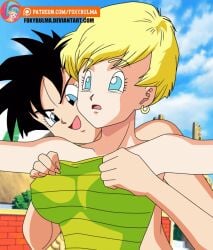 2d 2girls animated assisted_exposure big_breasts black_hair blue_eyes boobs breasts clothing dragon_ball dragon_ball_z erasa female female_only foxybulma gif green_topwear multiple_girls nipples tagme tits videl yellow_hair yuri