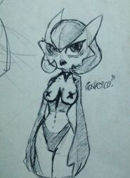 annoyed_expression artist_signature cross_pasties gardevoir looking_at_viewer medium_breasts panties_only pokemon pokemon_(species) sheico sketch