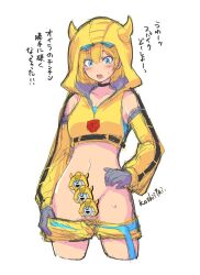 1futa belly blonde_hair blush bottomless bumblebee_(transformers) censored clothed clothing dialogue funny futa_only futanari gijinka gloves hood hoodie human humanformers japanese_text koshii_tai light-skinned_futanari light_skin pants_down partially_clothed penis rule_63 skinny_girl sleeves solo standing surprised text thighs transformers translation_request