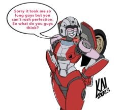 1girls 2023 arcee arcee_(rotb) artist_name autobot black_lips dialogue female female_autobots female_only gynoid hands_on_hips kairito10 red_body robot robot_girl sketch smug_face solo speech_bubble tagme transformers transformers_rise_of_the_beasts visor visor_(eyewear) wheels white_background