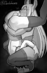 1boy 1girls 69 animal_ears assertive_female biceps cosplay crossdressing dark-skinned_female dark_skin deku devilukez erection fellatio female greyscale highres interracial izuku_midoriya leotard long_hair miruko miruko_(cosplay) monochrome muscular muscular_female my_hero_academia oral penis rabbit_ears rumi_usagiyama testicles uncensored unseen_male_face upright_69 upside-down