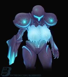 1girls ambiguous_fluids areola armored_dark_samus artist_logo big_breasts black_background blue_body bluebreed breasts_out dark_samus female helmet looking_at_viewer metroid nintendo nipples partially_clothed patreon_url slime_girl solo standing