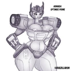 belly black_and_white bugzilla bursting_breasts chubby_belly chubby_female eyeshadow grin hands_on_hips lipstick optimus_prime robot_girl rule_63 thick_thighs thong three-quarter_portrait transformers transformers_armada voluptuous wheels