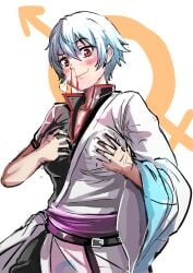 androgyne_symbol blood blush breast_grab canon_genderswap female female_only female_pervert fully_clothed genderswap_(mtf) ginko_sakata gintama gintoki_sakata groping groping_breasts groping_self hadanugi_dousa kimono looking_at_viewer nosebleed red_eyes rule_63 self_fondle short_hair smile solo tomboy very_short_hair white_hair