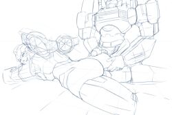 artist_request ass bubble_butt dat_ass duo grabbing grabbing_ass gynoid imminent_sex jerking lying lying_on_stomach masturbation nautica penis_out prone robot_girl sketch slim_waist smaller_male smile tailgate transformers transformers_idw uncolored uncut