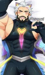 abs anima_squad_series animal_ears armpits bara battle_wolf_sylas bed black_hair blush bodysuit elbow_gloves fingernails jacket large_pectorals league_of_legends looking_at_viewer male male_focus male_only mature_male muscular muscular_male osuppai pecs pectorals solo sweatdrop sylas thick_arms tight_clothes tight_clothing twitter_username white_hair wolf_ears