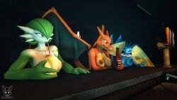 16:9 3d_(artwork) alcohol anthro beer beverage big_breasts blue_body bodily_fluids breasts charizard claws cocktail digital_media_(artwork) dragon eeveelution female fire foxibiki gardevoir generation_1_pokemon generation_3_pokemon generation_4_pokemon genital_fluids group hi_res lagomorph lopunny mammal membrane_(anatomy) membranous_wings nintendo nipples not_furry nude orange_body pokemon pokemon_(species) red_eyes saloon scalie simple_background source_filmmaker tail trio vaponny_(mrwarefaremachine) vaporeon vaporunny widescreen wings