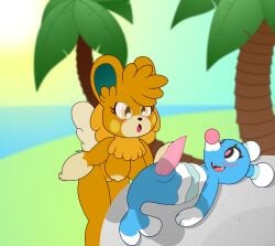 absurd_res anthro blue_body breasts brionne duo elizabeth_(pwmtstar) female genitals hi_res male nintendo orange_body orange_eyes pawmot penis pokémon_(species) pokemon pokemon_(species) pwmtstar_(artist) surprised_expression