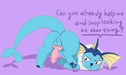 absurd_res animal_genitalia animal_penis ass ass_up balls blush canine_genitalia canine_penis dialogue eeveelution english_text erection feral generation_1_pokemon genitals hi_res knot krysaowo looking_at_viewer looking_back male male_only male_vaporeon nintendo nude paws penis pokemon pokemon_(species) presenting presenting_hindquarters presenting_penis raised_tail simple_background solo spread_legs spreading tail talking_to_viewer text vaporeon