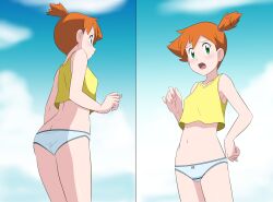 1girls armpits ass asymmetrical_hair bangs blush breasts clothing female female_only game_freak gen_1_pokemon green_eyes green_shorts high_resolution kakkii kasumi_(pokemon) legs looking_at_another looking_at_viewer navel nintendo nipples orange_hair pants pantsu pokemon pokemon_(anime) pokemon_(classic_anime) pokemon_(game) pokemon_rgby ponytail shirt shorts side_ponytail solo tank_top thighs tied_hair underwear white_panties white_underwear yellow_shirt