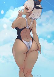 1girls ass back back_cutout bea_(pokemon) black_one-piece_swimsuit black_swimsuit blue_eyes breasts clouds competition_swimsuit grey_hair hairband hand_on_ass hand_on_own_ass looking_at_viewer looking_back medium_breasts nintendo nsfw_oa one-piece_swimsuit outside pokemon pokemon_ss short_hair sideboob sky swimsuit