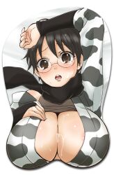 areola_slip arm_up big_breasts black_hair blush boob_mousepad bridal_gauntlets brown_eyes cleavage cow_print female female_only genderswap_(mtf) gintama glasses huge_breasts looking_at_viewer mousepad ninja official_alternate_costume open_mouth rule_63 scarf shimura_shinpachi short_hair solo tears upper_body very_short_hair