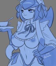 anthro big_breasts breasts buutymon eeveelution female furry glaceon maid maid_uniform nipples pokémon_(species) pokemon solo tea_party_style_glaceon