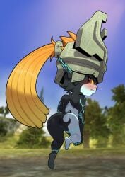 anus armor ass blush embarrassed embarrassed_nude_female enf female fused_shadow genitals hair headgear helmet hi_res humanoid humanoid_pointy_ears imp looking_back markings midna multicolored_body nintendo not_furry nude orange_hair pussy red_eyes shortstack solo somescrub the_legend_of_zelda twili twilight_princess two_tone_body yellow_sclera