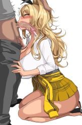 1boy 1girls absurdres asian_male big_breasts blonde_hair blowjob breasts cum_in_mouth cum_in_throat deepthroat drogod_(artist) fellatio female goddess_of_victory:_nikke green_eyes gyaru kneeling kneeling_oral_position leopard_print light-skinned_female light_skin long_hair male oral rupee_(nikke) tan tan-skinned_female tan_body tanned_female tanned_skin thick_thighs wide_hips x-ray