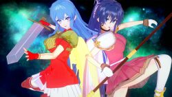 2girls 3d alternate_version_available angry bare_thighs blue_eyes blue_hair braid breasts dark_blue_eyes dark_blue_hair earrings eirika_(fire_emblem) female female_only fighting_stance fingerless_gloves fire_emblem fire_emblem:_the_sacred_stones fire_emblem_engage frown gloves large_breasts light_blue_eyes light_blue_hair long_hair looking_at_viewer more_at_source multiple_girls nintendo open_mouth ponytail pose skirt spear sword tana_(fire_emblem) thighhighs thighs twin_braids very_long_hair weapon xenosky