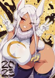 1girls 2023 animal_ears bent_over blush breasts brown_eyes busty dated dithering double_v female fur_collar gloves grin large_breasts long_eyelashes miruko my_hero_academia nonude pinup purple_thighhighs rabbit_ears rabbit_girl rabbit_tail rumi_usagiyama sleeveless smile solo tail tan thighhighs tight v virus-g white_gloves white_hair