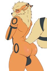 1boy 1male big_ass big_butt black_balls black_fur black_genitalia blue_eyes blush blushed blushing bubble_ass bubble_butt canine canine_humanoid digital_art digital_drawing_(artwork) digital_media_(artwork) femboy furry furry_ass furry_ears furry_male furry_only furry_tail gay homosexual humanoid male male_focus male_only orange_fur pokémon_(species) pokemon shy submissive submissive_male tattoo white_background yellow_fur