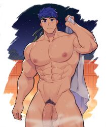 1boy abs absurdres bara bara_tiddies bara_tits big_pecs blue_eyes blue_hair busty closed_mouth completely_nude fire_emblem fire_emblem:_path_of_radiance fire_emblem:_radiant_dawn flaccid green_headband headband headband_only highres holding holding_towel human human_only ike_(fire_emblem) large_pectorals looking_at_viewer male_chest male_focus male_nipples male_only male_pubic_hair milkiato muscular muscular_male naked navel nipples nude nude_male pecs pectorals penis pubic_hair short_hair six_pack solo solo_focus solo_male standing sweat sweatdrop sweating testicles towel veiny_penis white_towel