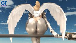 1girls 3d 3d_(artwork) angel_wings angela_ziegler ass ass_cleavage blizzard_entertainment blonde_hair butt_crack cloud clouds exposed exposed_ass exposed_pussy facing_away female female_focus female_only flying from_behind gt_scenes holding_object image looking_away mercy overwatch sky solo solo_focus suit vagina viewed_from_below wings