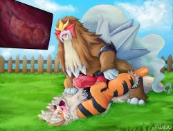 anal anal_sex animal_genitalia animal_penis arcanine bagu balls balls_deep blush bodily_fluids brown_body brown_fur canid canine canine_genitalia canine_penis cloud dripping drooling duo entei erection fence feral fluffy fluffy_tail fur generation_1_pokemon generation_2_pokemon genital_fluids genitals grass hi_res inner_ear_fluff internal internal_anal knot knotting leaking_precum legendary_pokemon looking_pleasured lying male male/male male_only mammal nintendo on_back orange_body orange_fur outside penetration penis plant pokemon pokemon_(species) precum precum_drip precum_string red_penis saliva sex spread_legs spreading striped_body stripes tail tongue tongue_out tuft wet