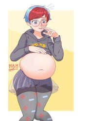 1girls belly belly_button big_belly blue_hair blush clothed embarrassed fat fat_belly female glasses grey_eyes m-b-m may_be_maybenot navel penny_(pokemon) pokemon pokemon_sv red_hair standing thick thick_thighs