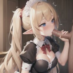 1girls 2023 ai_generated ai_hands ai_penis anime_nose blonde_hair blowjob blowjob_face cleavage clothed_female elf fellatio female maid pointy_ears tagme