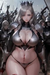 1girls 2023 ai_generated armored_female armored_gloves bare_midriff bare_thighs bikini bikini_armor blood blood_stain blue_eyes chainmail_panties cleavage clothed crown curvaceous curvy_body curvy_figure detailed_background huge_breasts knight long_hair metal_armor milf navel original_character pale_skin pink_lips plate_armor platemail_panties princess queen silver_crown silver_hair stable_diffusion thick_thighs underwear voluptuous voluptuous_female weapon white_hair