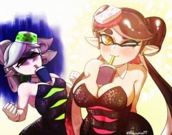 2girls artist_name big_breasts blush breasts callie_(splatoon) cleavage detached_collar earrings gloves goat_(hotaruman97) hair hair_ornament hotaruman97 inkling inkling_girl large_breasts long_hair looking_at_viewer marie_(splatoon) mole mole_under_eye nintendo one_eye_closed pointy_ears splatoon squid_sisters squid_sisters_(splatoon) struggle struggling two-tone_hair white_gloves wink winking_at_viewer yellow_eyes