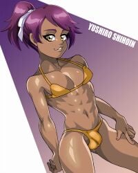 1boy bikini bleach curvy curvy_figure dark-skinned_male dark_skin femboy looking_at_viewer male male_focus male_only navel otoko_no_ko purple_hair schlumper shihouin_yuushirou shiny_skin solo yellow_eyes