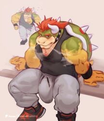 1boy anthro big_bulge blush blush_lines body_hair bottomwear bowser breath bulge chest_hair clothed clothing detailed_bulge dialogue erection footwear fully_clothed genital_outline grey_sweatpants hair hi_res horn jogging kawaakumma koopa male male_only mario_(series) muscular muscular_anthro muscular_male nintendo pants penis_outline red_hair reptile scales scalie shell shirt shoes sitting sneakers solo speech_bubble spiked_shell spikes spikes_(anatomy) sweatpants tank_top topwear yellow_body yellow_scales