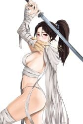 1girls asian ass bai_wuchang_(wuchang_fallen_feathers) black_hair breasts cape chaesu facing_to_the_side female medium_breasts panties red_eyes sarashi sideboob slim_girl sword thick_thighs wuchang_fallen_feathers