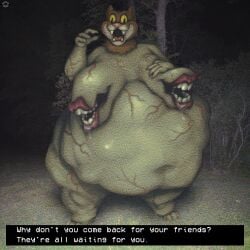 analog_vorer anthro caption caption_box cougar dialogue felid feline female flesh_creature forest forest_background found_footage hi_res looking_at_viewer mammal mascot mascot_costume mask monster nature nature_background night nipple_mouth oral_vore outside overweight overweight_female photo_background photo_manipulation photography_(artwork) plant solo solo_focus stomach_bulge text tree vore yellow_eyes