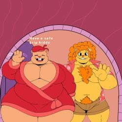 2025 4_fingers afro bhm buckteeth buff chest_hair chest_tuft chubby chubby_belly chubby_male dilf disco_bear_(htf) door father gay gay_couple happy_tree_friends hawaiian_shirt headwear hi_res high_resolution house mondo_media moobs orange_body orange_hair orange_skin pecs pop_(htf) pubes red_robe robe text thick thick_thighs tree ursine wide_hips wide_thighs yifforroarts