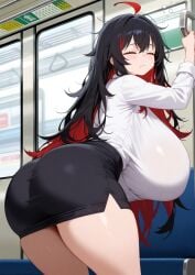 ai_generated amber_eyes big_ass dark_hair flesh_fang large_breasts long_hair messy_hair office_lady sorceress_sophia subway thick_thighs two_tone_hair