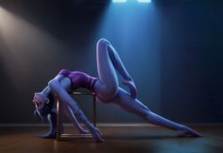 ai_generated arched_back bending_over female fit_female flexible leaning_back leg_up legs leotard overwatch ponytail ragen ragen_nsfw solo solo_female tiptoes widowmaker