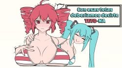 2girls big_breasts bikini blue_hair blush hatsune_miku kasane_teto red_eyes red_hair vocaloid