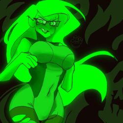 1girls 2024 artist_signature awaria blush bodysuit breasts clothed clothed_female female female_only fully_clothed ghost ghost_girl glasses green_body long_hair looking_at_viewer medium_breasts navel rectangular_glasses ripped_bodysuit ripped_clothing sleeveless sleeveless_bodysuit solo spicyramen_(ramieramen1) standing sweat sweatdrop zmora