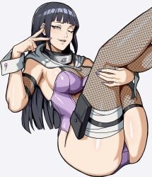 black_hair cuffs fishnets hyuuga_hinata kunoichi mikeypieart naruto peace_sign sexy_pose