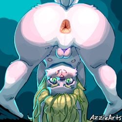 anthro anus anus_focus ass azzie_(azziearts) azziearts backsack balls bent_over between_legs big_anus big_butt blonde_hair blush butt_focus digital_media_(artwork) english_text feet femboy fur genitals hair hi_res humanoid_genitalia lagomorph leporid licking licking_lips licking_own_lips looking_at_viewer looking_back male mammal naughty_face nipples nude paws pink_body presenting presenting_hindquarters rabbit rear_view simple_background smile solo spread_anus spread_legs spreading tail text thick_thighs tongue tongue_out upside-down upside_down_face white_body white_fur