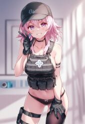 1girls ai_generated black_gloves black_hat black_panties daytime honkai:_star_rail march_7th_(honkai:_star_rail) peace_sign pink_hair police_uniform raaicave shoulders smile