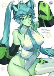 animal_ears antennae aqua_hair breasts cat_ears cat_girl cat_tail colored_skin detached_sleeves eyelashes female glorpi_miku_(dyarikku) green_skin hatsune_miku highres leotard navel necktie skin_tight sleeves_past_wrists smile solo tail thighhighs twintails vocaloid